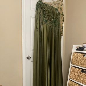 Modest Olive Green Beaded Satin Dress (Hijabi Friendly Dress)